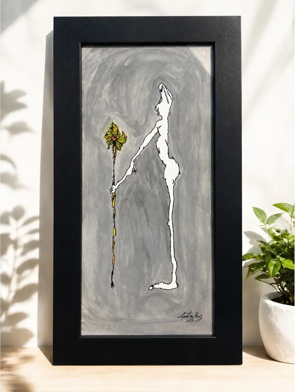 Original Acrylic Painting by Anthony Perry - Abstract Figure with Staff in Black